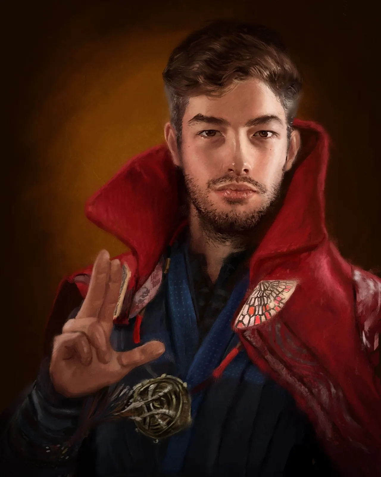 Ritratto dipinto di Simone Spinato con un mantello rosso